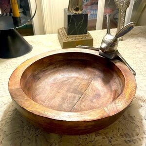 Large Metal Rabbit Hare Decorative Wooden Bowl 11” Cottage Core Farmhouse Decor